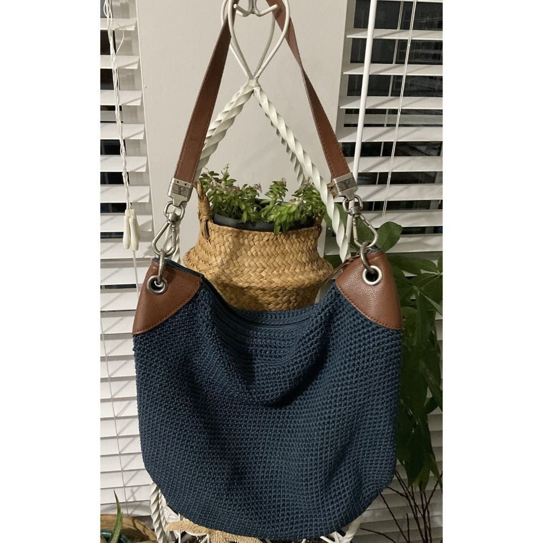 The Sak Large Crochet Navy Blue Shoulder Bag With Brown Leather Woven Straps - Thumbnail 2