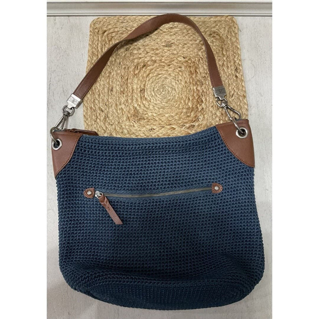 The Sak Large Crochet Navy Blue Shoulder Bag With Brown Leather Woven Straps - Thumbnail 3