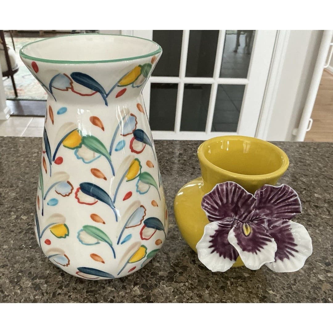 ANTHROPOLOGIE Ceramic Copen Vase & Yellow W/Purple Pansy 3D Flower Vase - Thumbnail 5