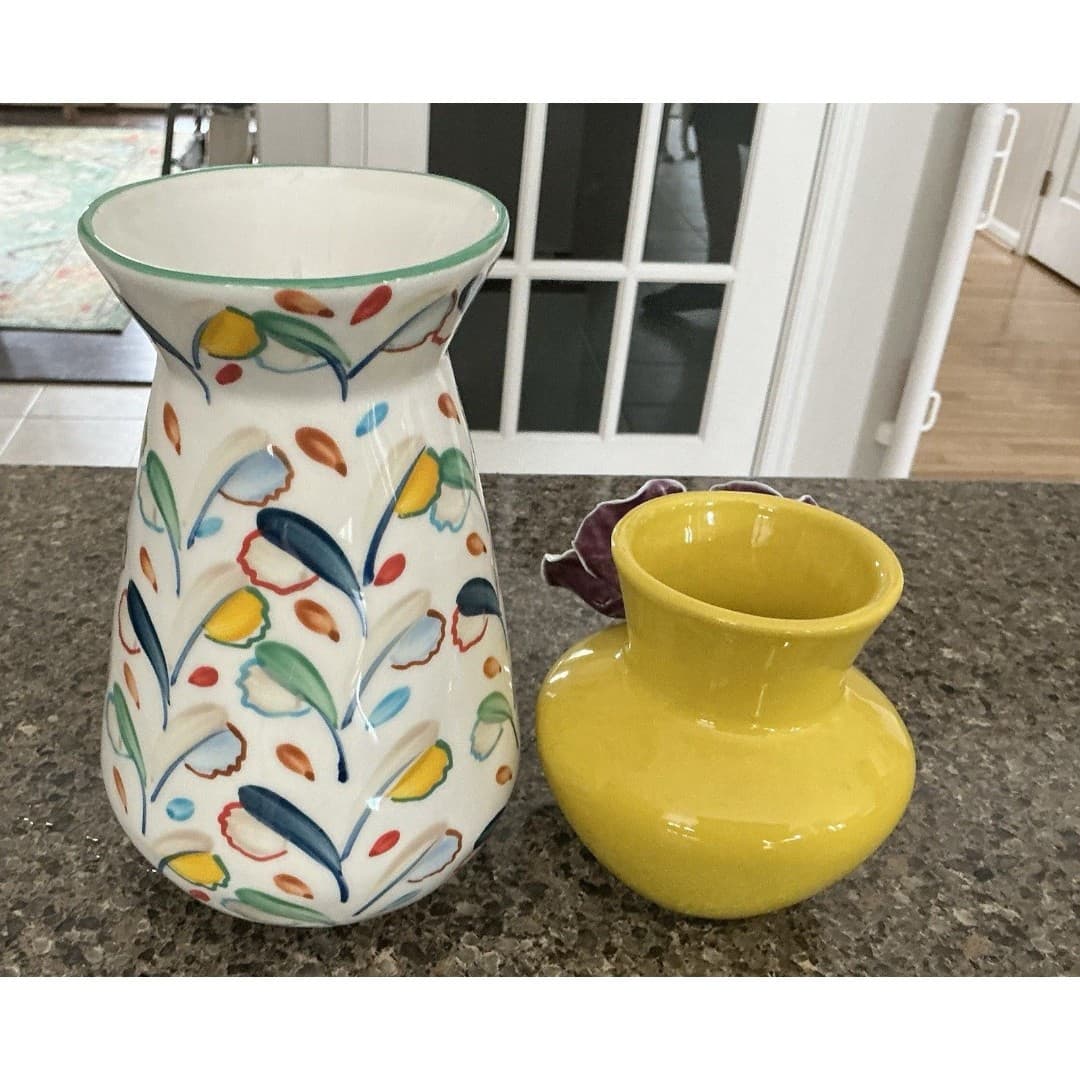 ANTHROPOLOGIE Ceramic Copen Vase & Yellow W/Purple Pansy 3D Flower Vase - Thumbnail 3