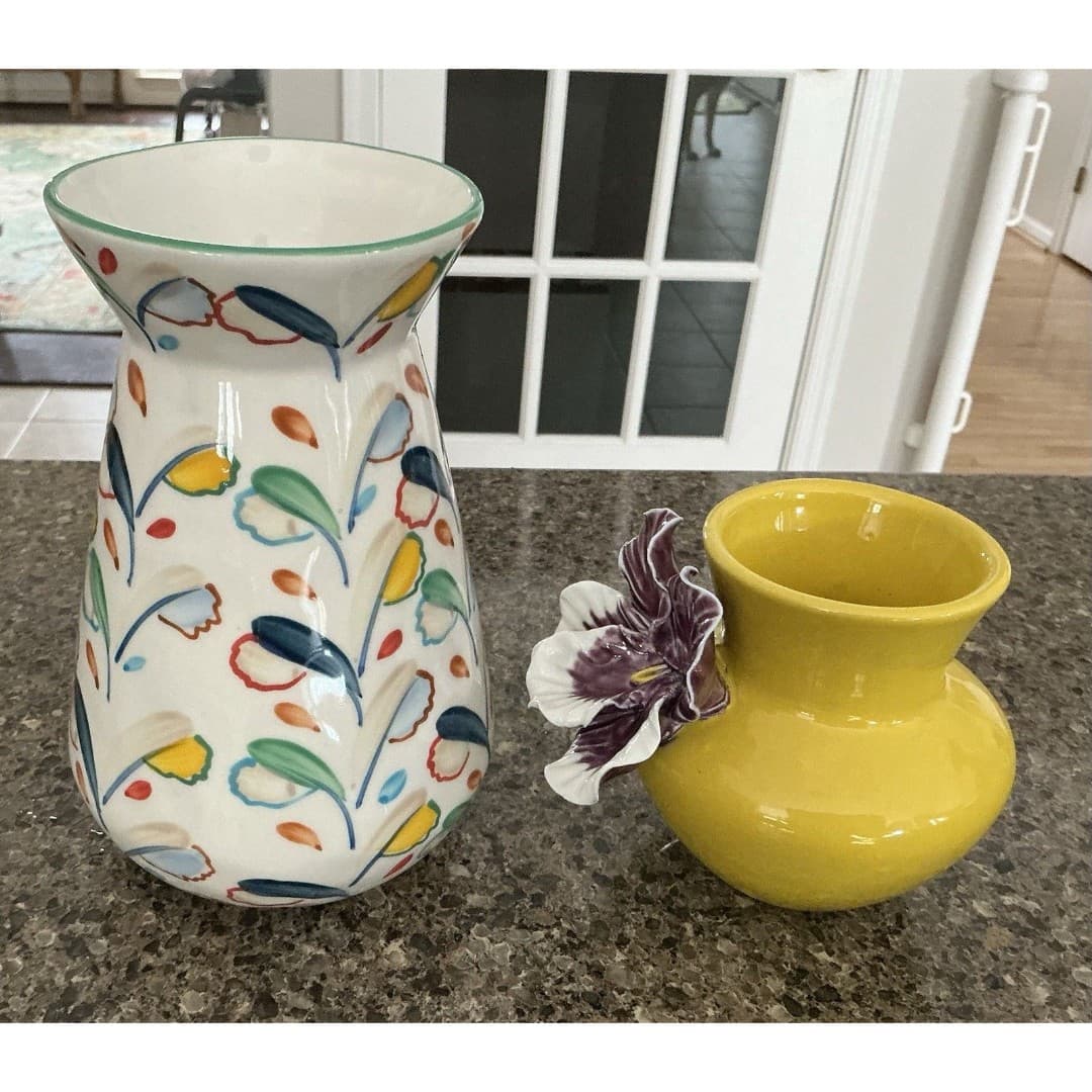 ANTHROPOLOGIE Ceramic Copen Vase & Yellow W/Purple Pansy 3D Flower Vase - Thumbnail 2