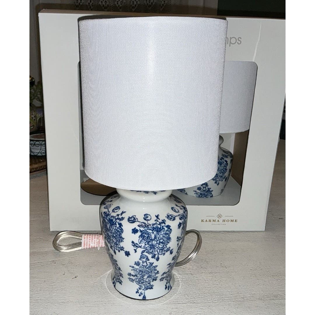 Karma Home Blue White Design 12.75” Set Of 2 Lamps - Thumbnail 2