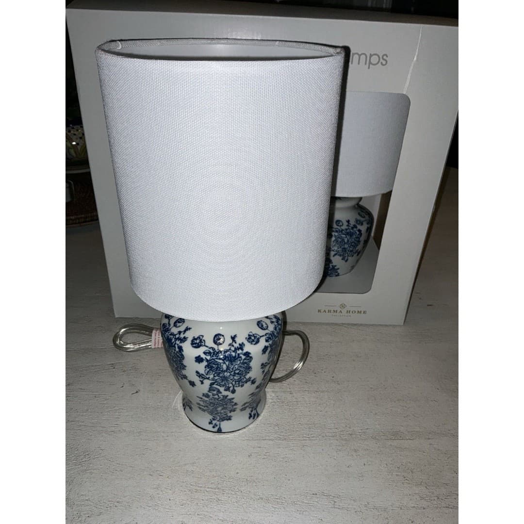 Karma Home Blue White Design 12.75” Set Of 2 Lamps - Thumbnail 3