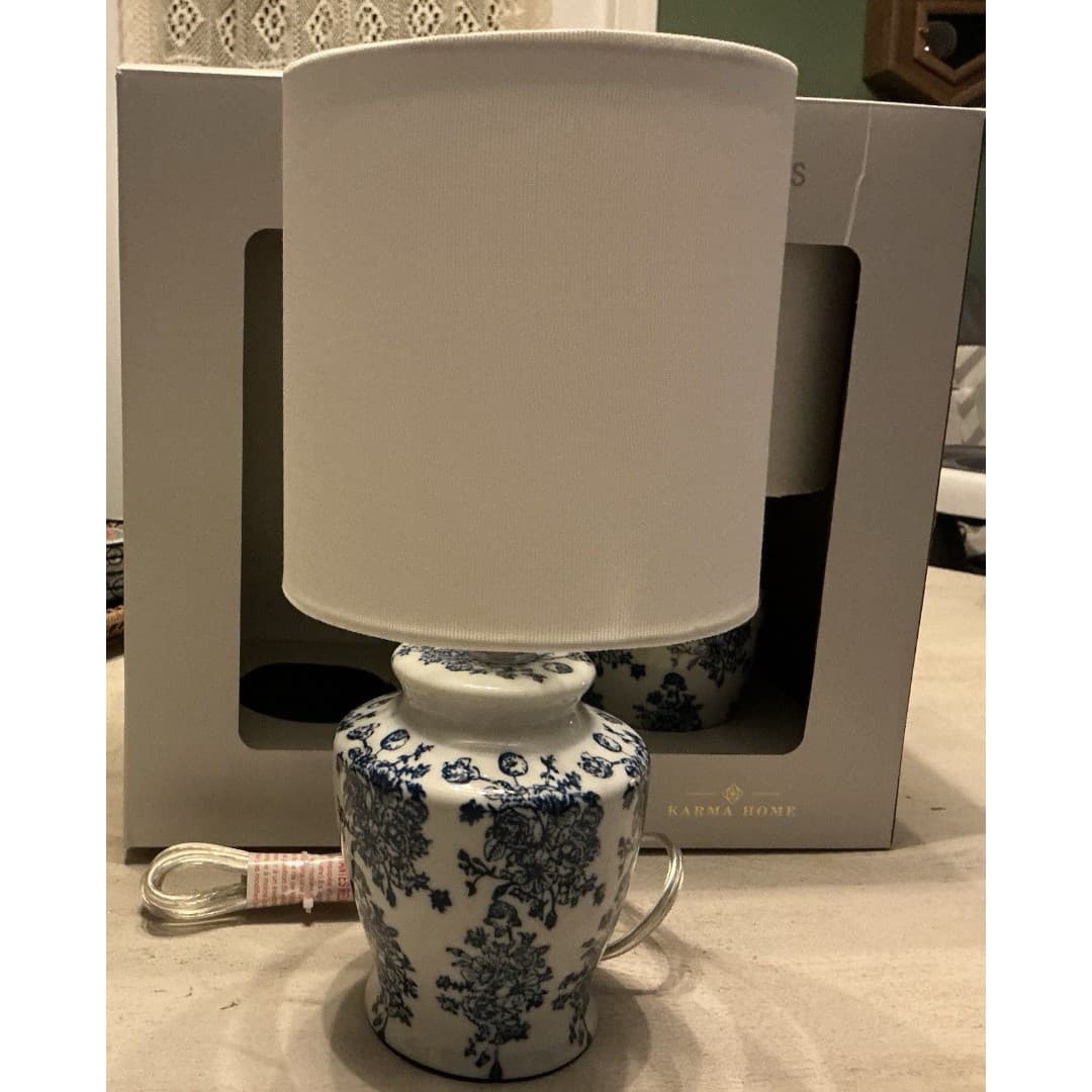 Karma Home Blue White Design 12.75” Set Of 2 Lamps - Thumbnail 4