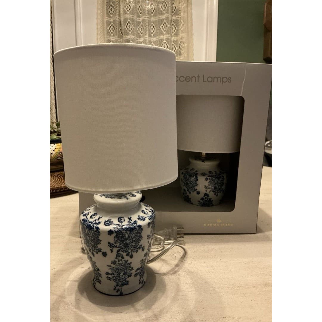 Karma Home Blue White Design 12.75” Set Of 2 Lamps - Thumbnail 5