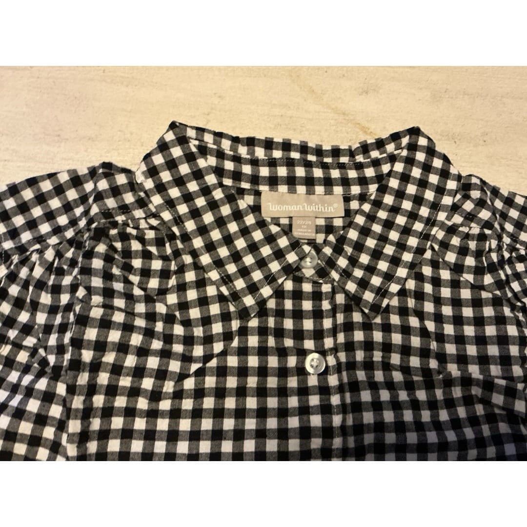 Woman Within Women's 1X White Black/White Checkered Gingham SS Button Up - Thumbnail 3