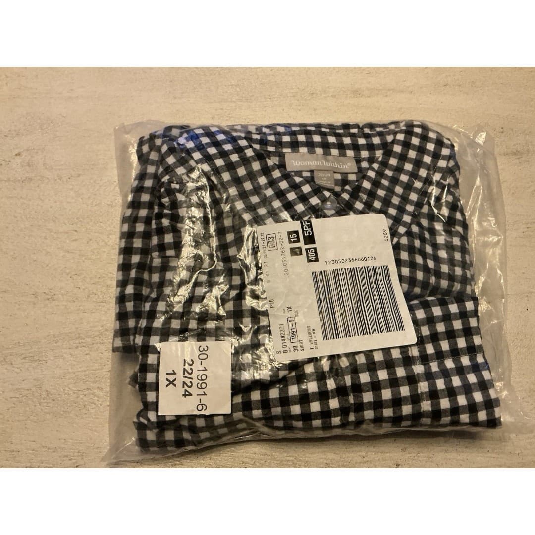 Woman Within Women's 1X White Black/White Checkered Gingham SS Button Up - Thumbnail 4