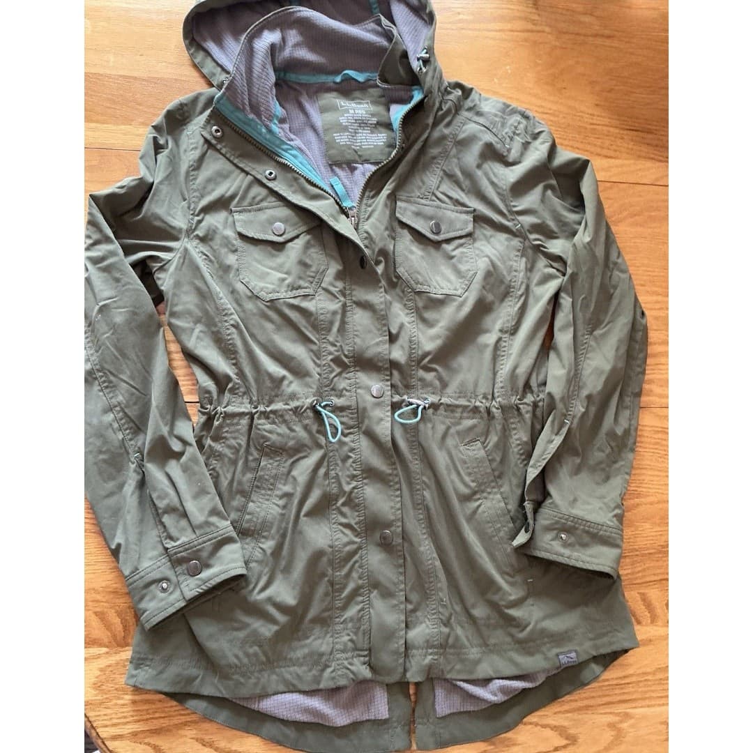 L.L.Bean Jacket Womens Med Green Hooded Utility Anorak Drawstring Waist Lined - Thumbnail 3