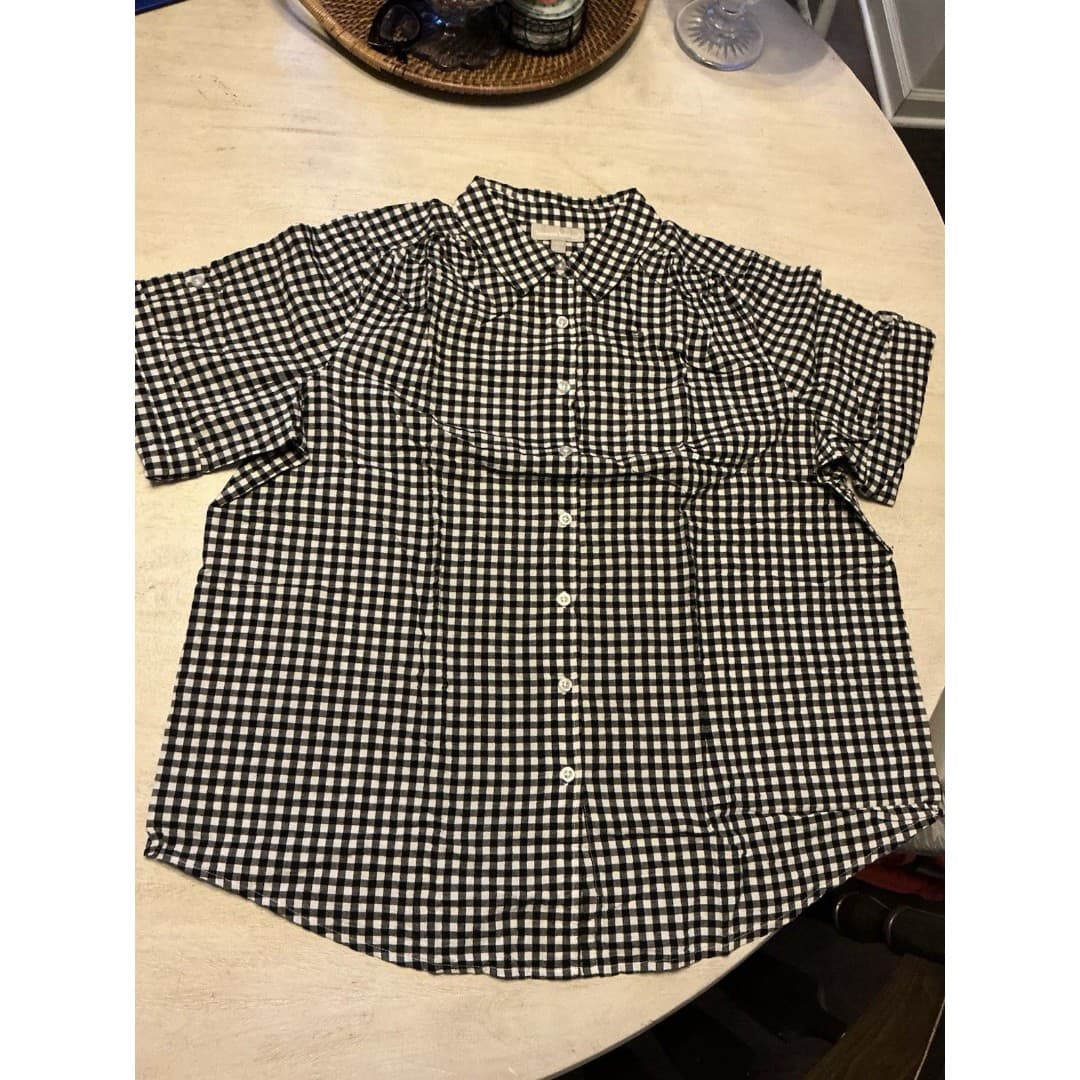 Woman Within Women's 1X White Black/White Checkered Gingham SS Button Up