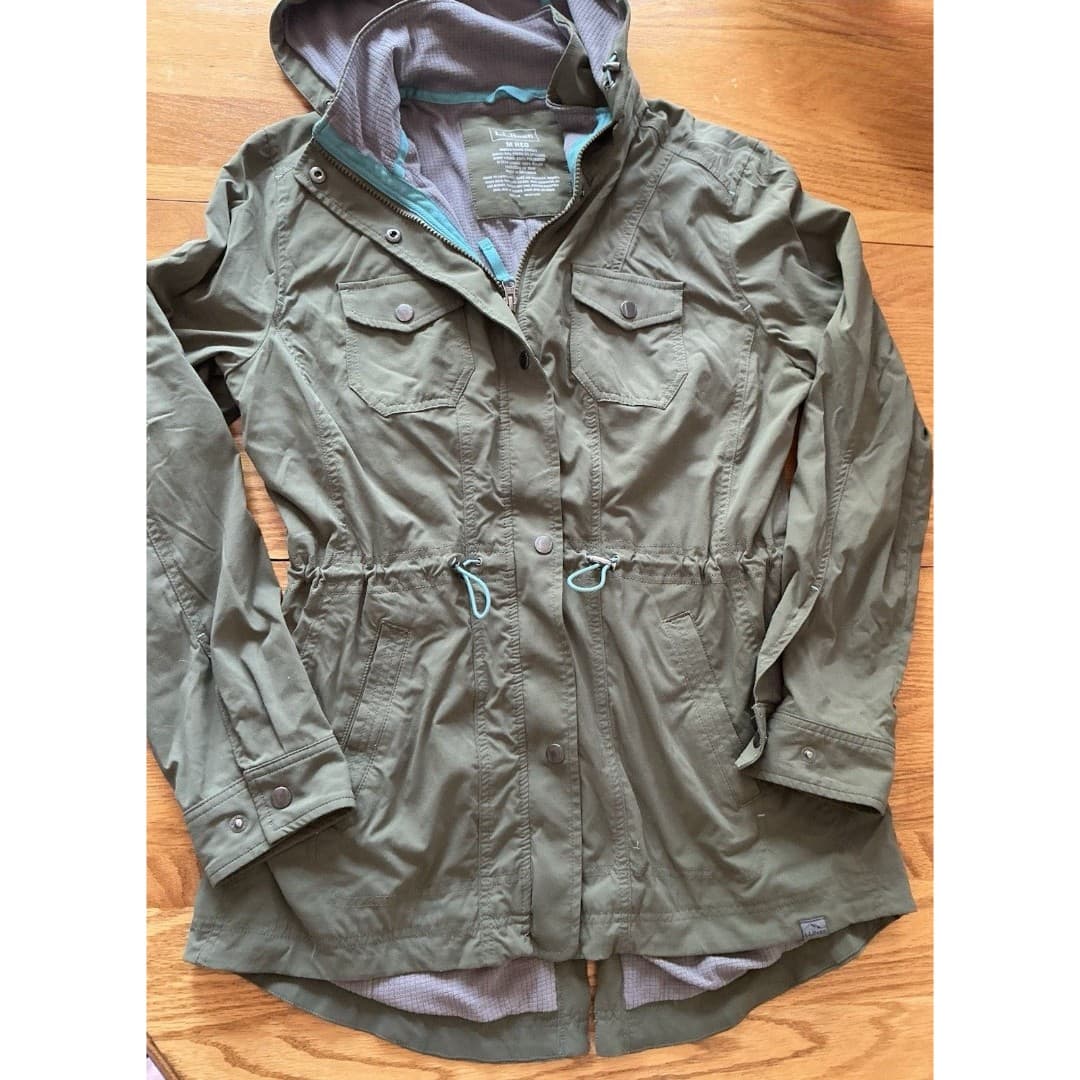 L.L.Bean Jacket Womens Med Green Hooded Utility Anorak Drawstring Waist Lined - Thumbnail 2