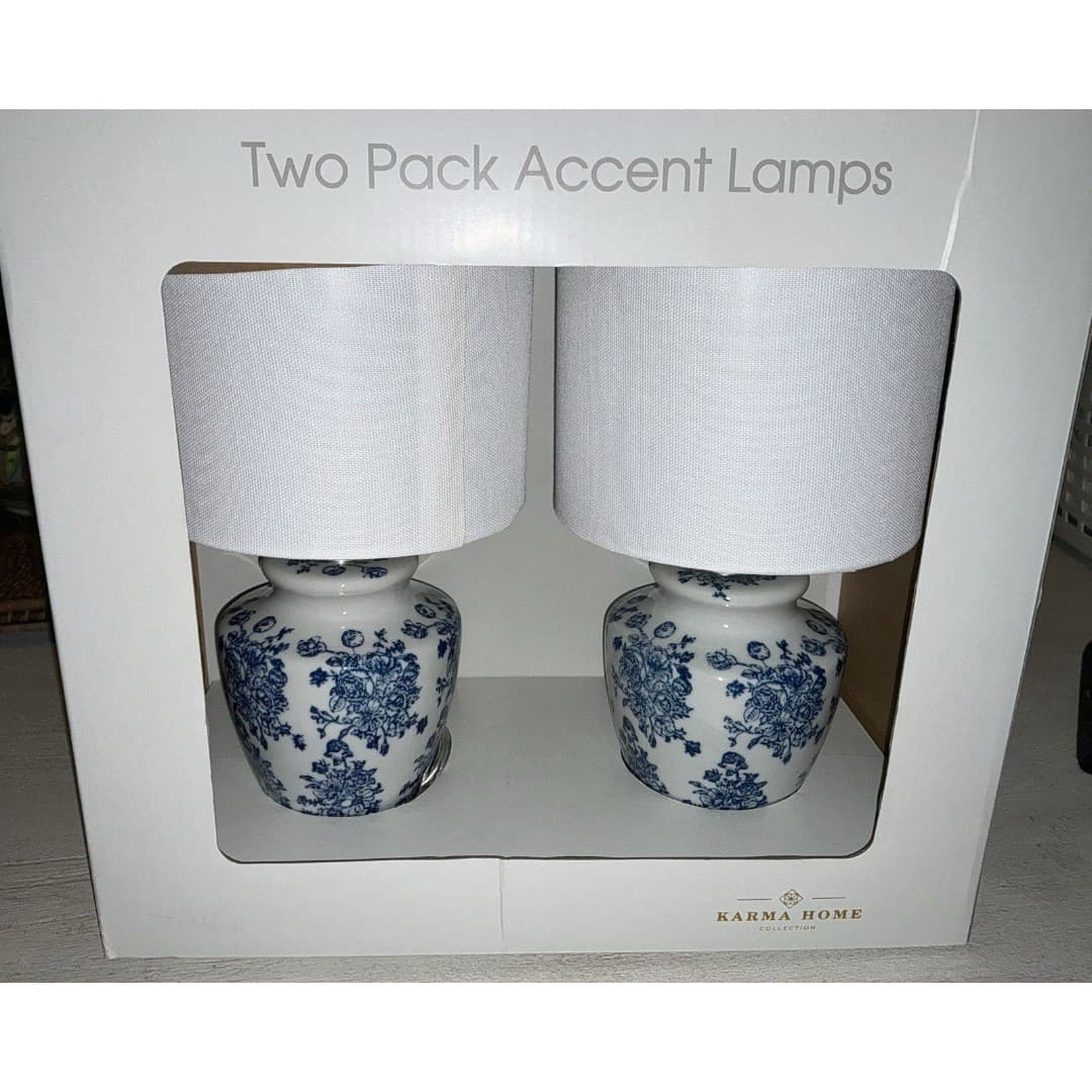 Karma Home Blue White Design 12.75” Set Of 2 Lamps