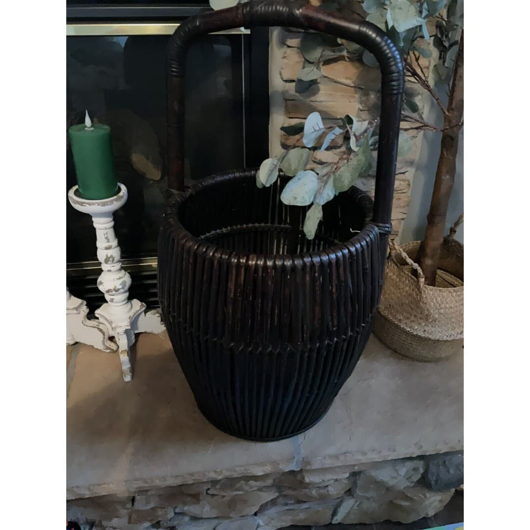 Vintage Large Bamboo/Rattan Basket With Handle MCM - Thumbnail 2