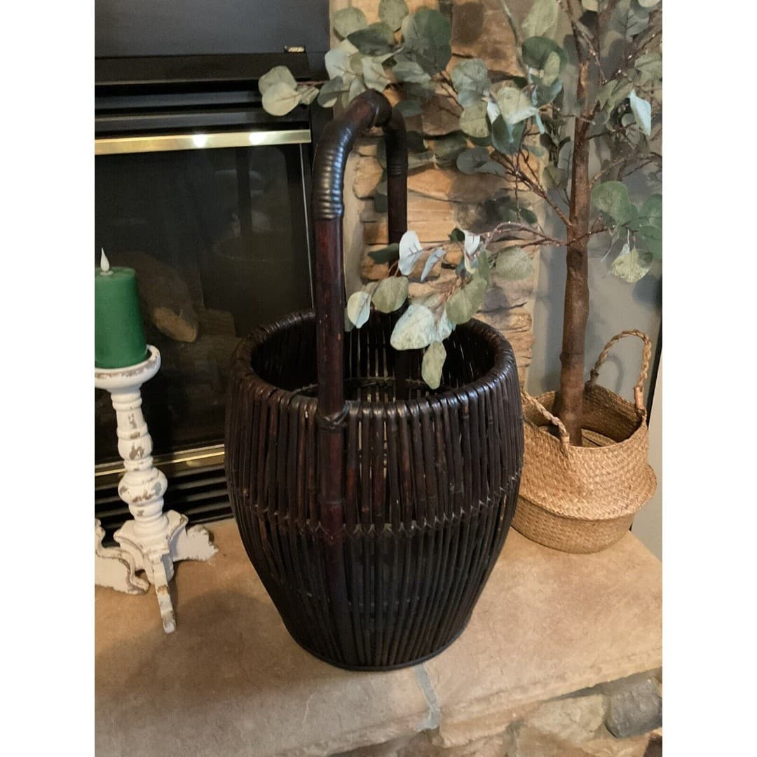 Vintage Large Bamboo/Rattan Basket With Handle MCM - Thumbnail 3