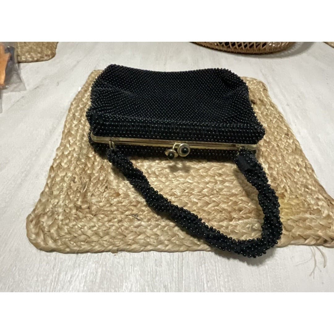 Vintage Corde Beaded Black Purse Small Handbag - Thumbnail 3