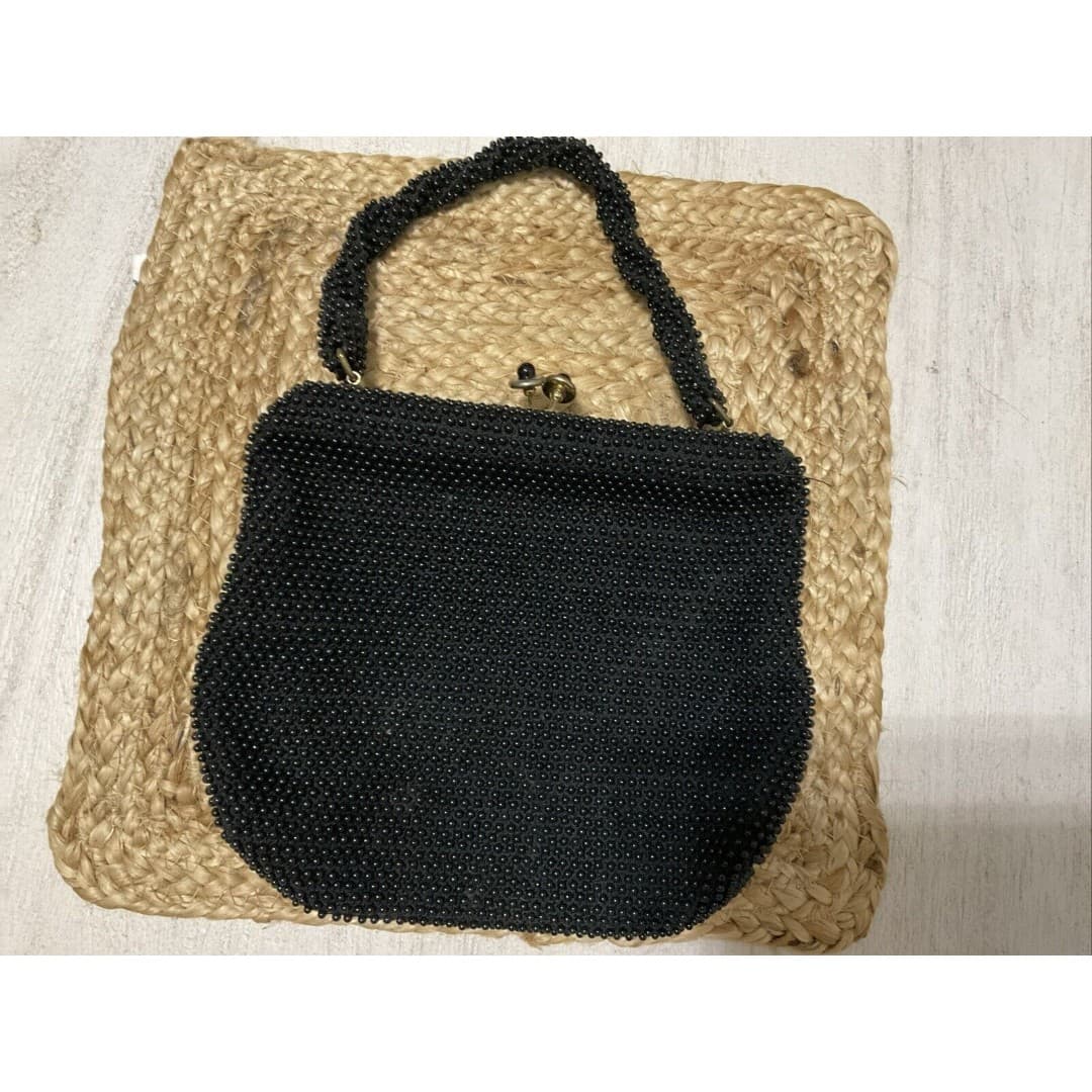 Vintage Corde Beaded Black Purse Small Handbag - Thumbnail 2