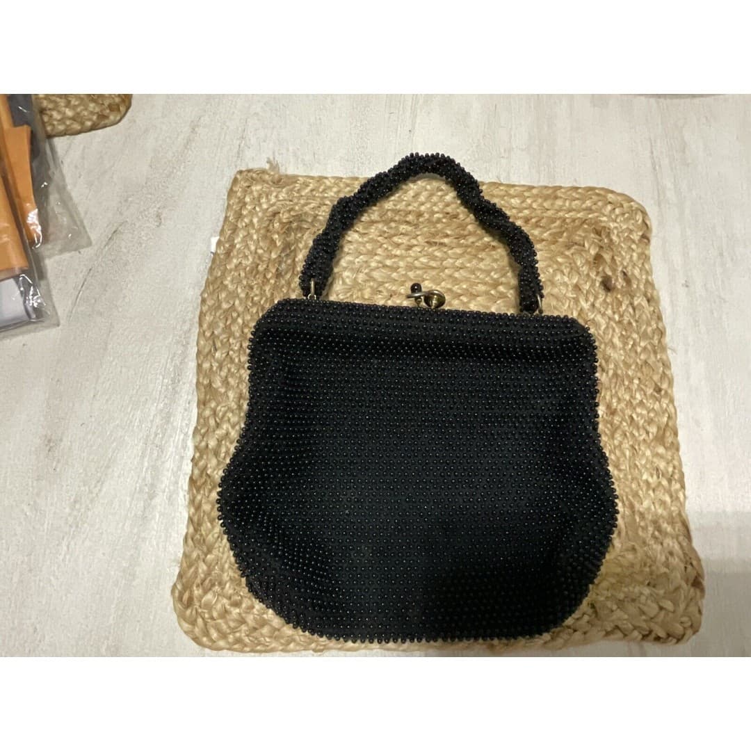 Vintage Corde Beaded Black Purse Small Handbag - Thumbnail 5