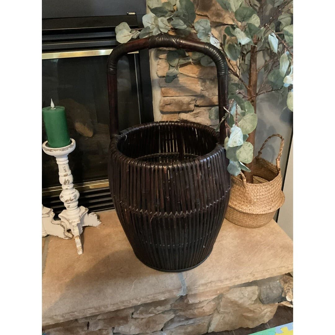 Vintage Large Bamboo/Rattan Basket With Handle MCM - Thumbnail 4