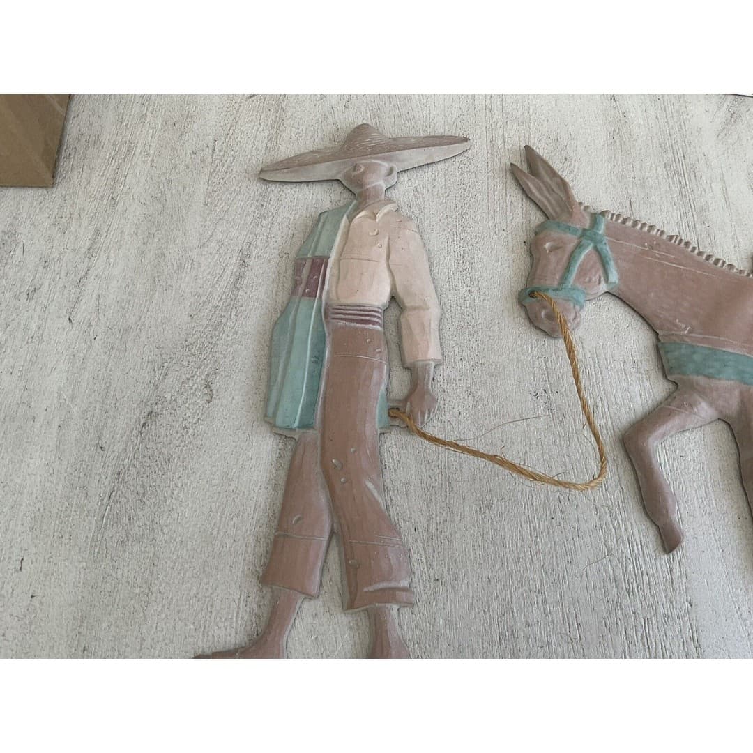 Vintage Cast Aluminum Sombrero Mexican Man Donkey Home Wall Decor Southwestern - Thumbnail 2