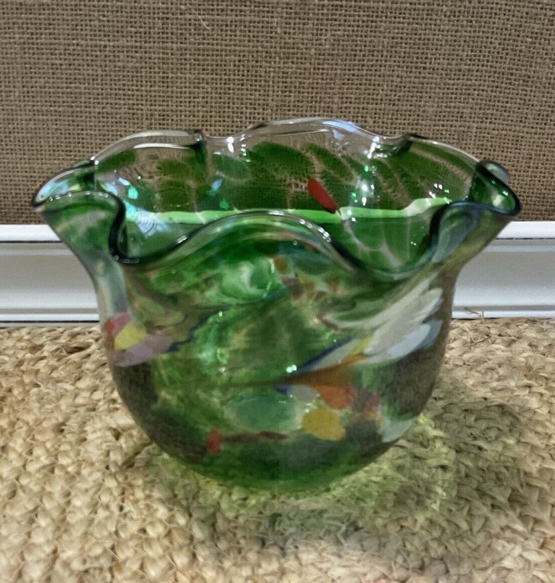 Ruffled Art Glass Bowl Hand Blown Green W/colors 6 X 4