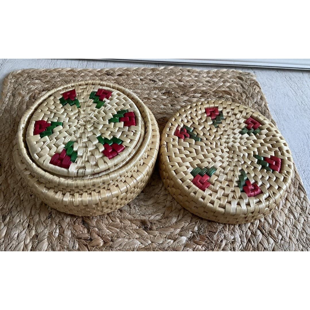 Vintage Straw Coasters Handmade Bamboo Rattan Lidded Holder Rose Design Set Of 6 - Thumbnail 4