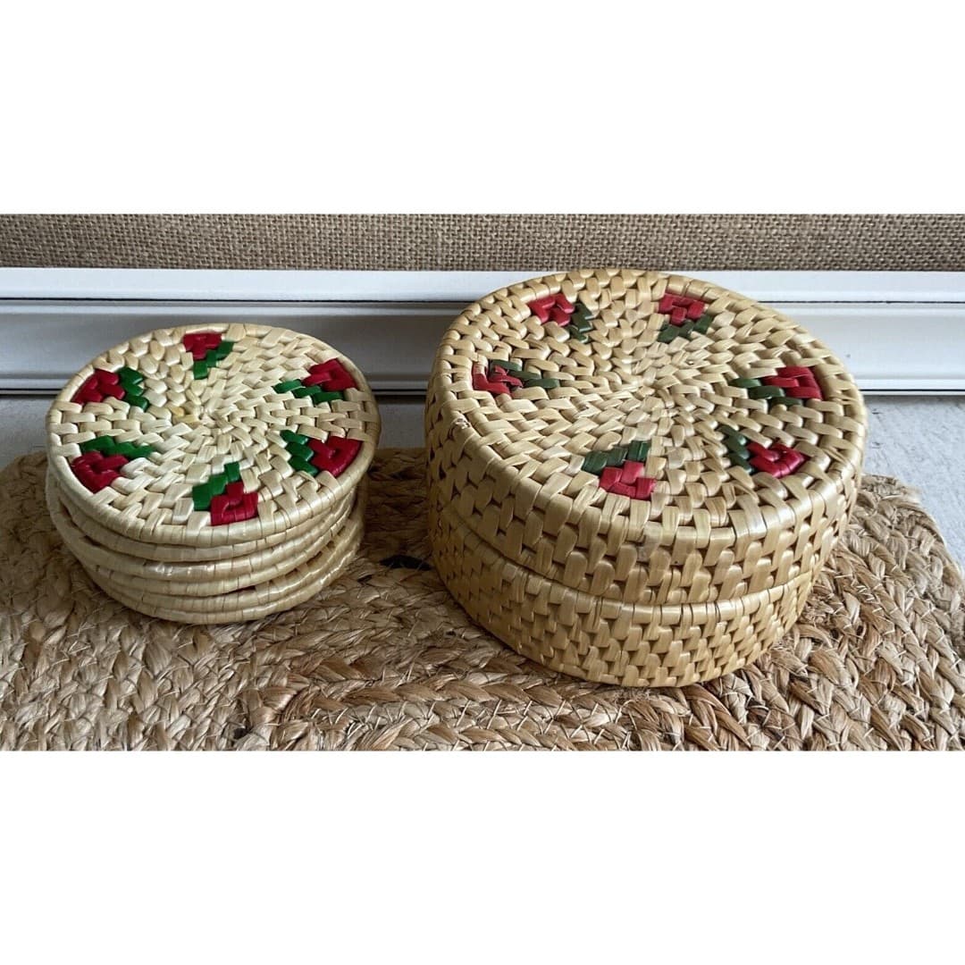 Vintage Straw Coasters Handmade Bamboo Rattan Lidded Holder Rose Design Set Of 6 - Thumbnail 3