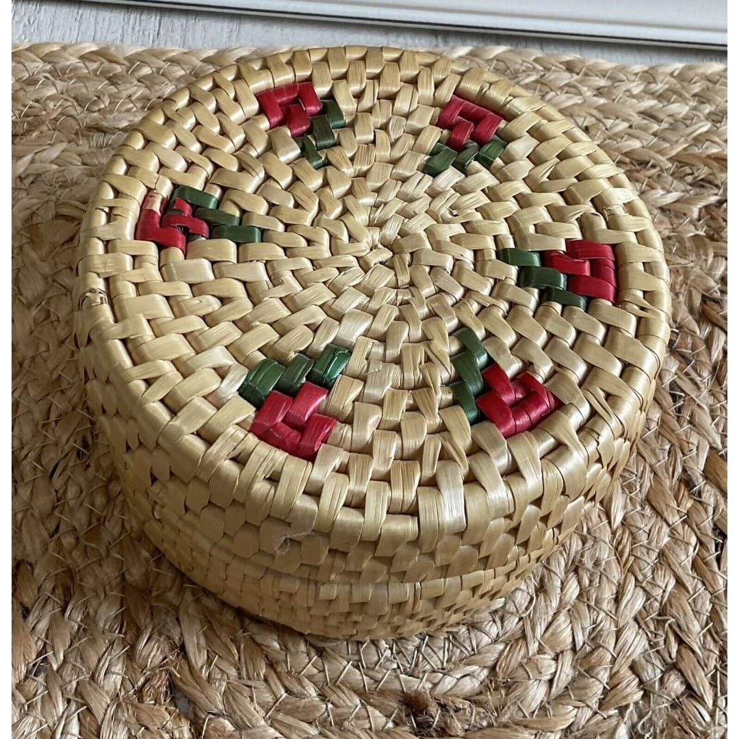 Vintage Straw Coasters Handmade Bamboo Rattan Lidded Holder Rose Design Set Of 6 - Thumbnail 5