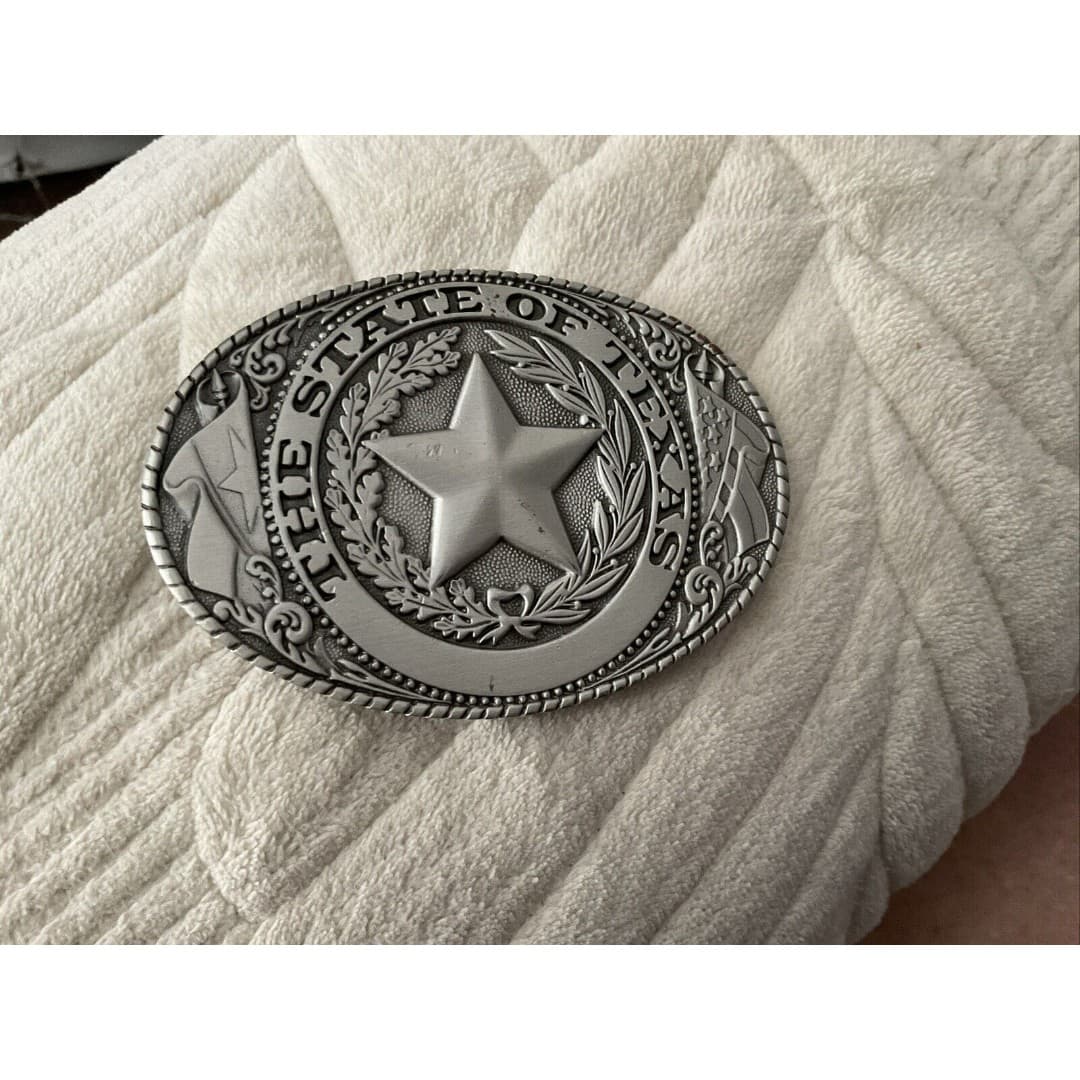 Vintage Metal The State of Texas Star Flags Large Belt Buckle Silver Tone USA