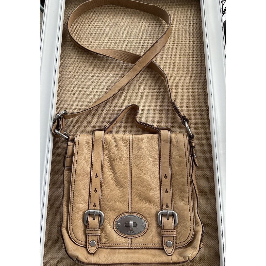 Fossil Maddox Organizer Flap Crossbody Satchel Camel Color Leather TurnLock Tote - Thumbnail 2