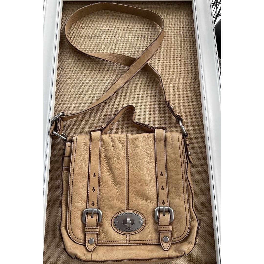 Fossil Maddox Organizer Flap Crossbody Satchel Camel Color Leather TurnLock Tote - Thumbnail 3