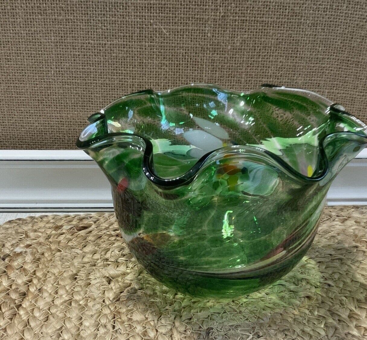 Ruffled Art Glass Bowl Hand Blown Green W/colors 6 X 4 - Thumbnail 2