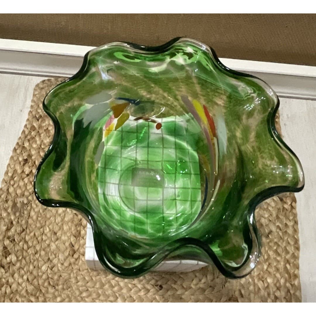 Ruffled Art Glass Bowl Hand Blown Green W/colors 6 X 4 - Thumbnail 8