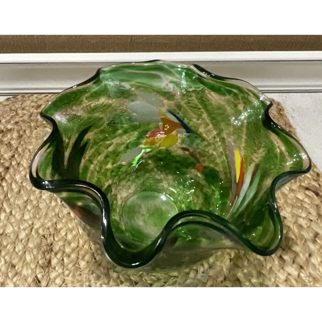 Ruffled Art Glass Bowl Hand Blown Green W/colors 6 X 4 - Thumbnail 5