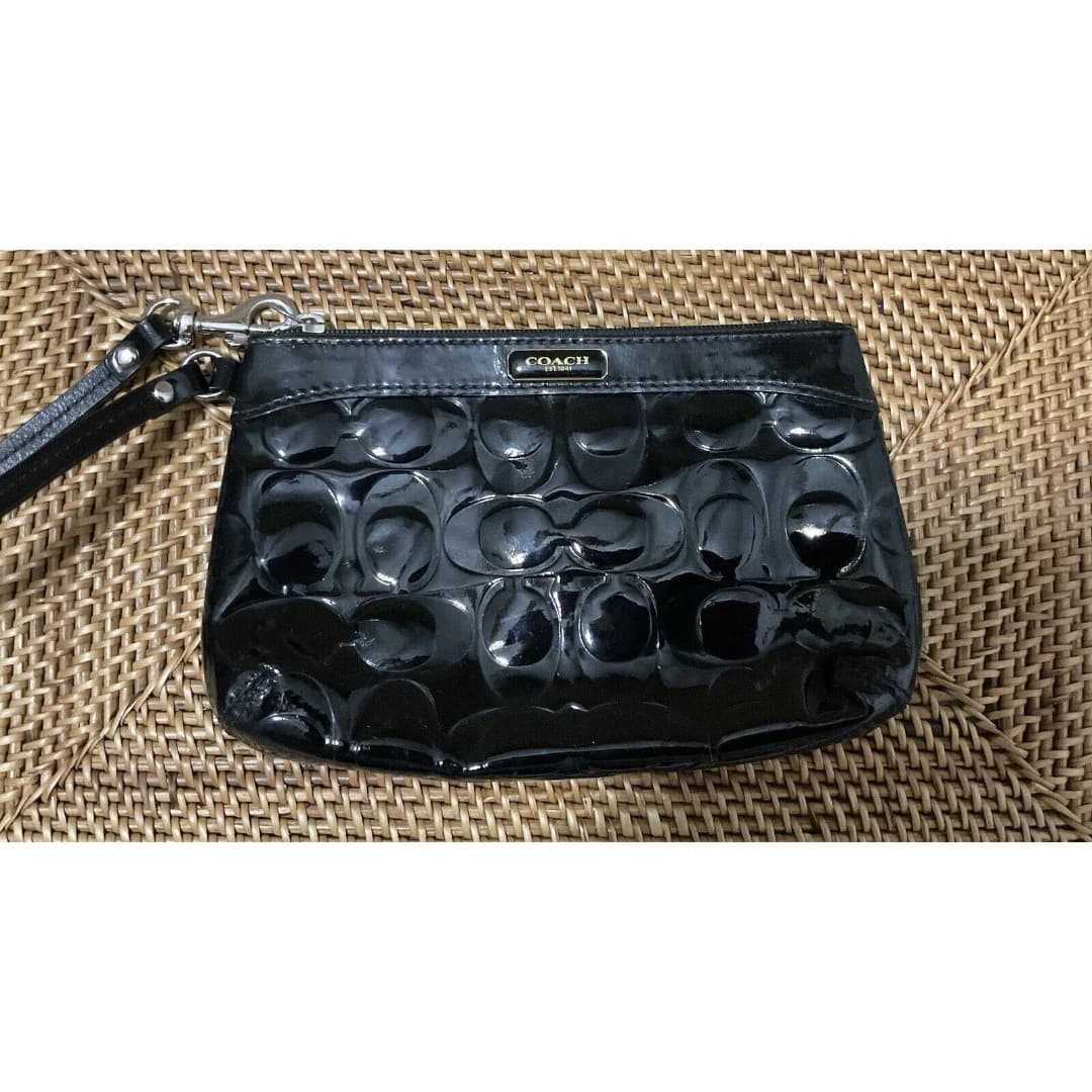 Authenticated Coach Black Patent Leather Embossed Wristlet