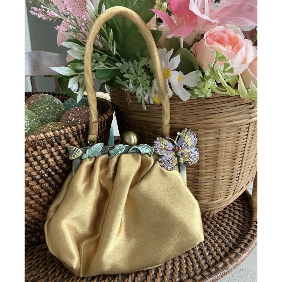 Ladies Sasha Small Handmade Silk Gold Mini Purse W/Decorative Butterfly & Leaves