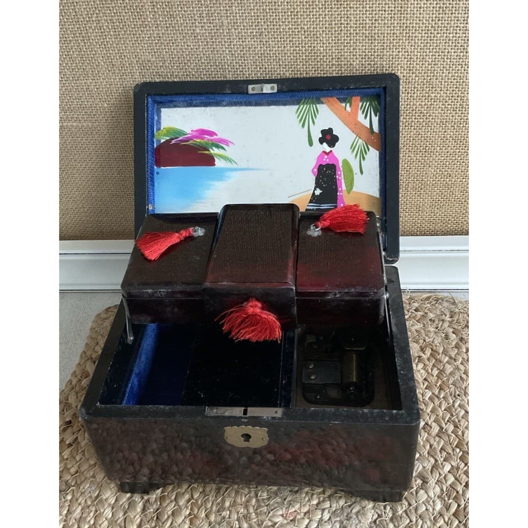 Vintage M . M Japan Wooden Flip Top Jewelry / Music Box Blue Felt Lined Mirror