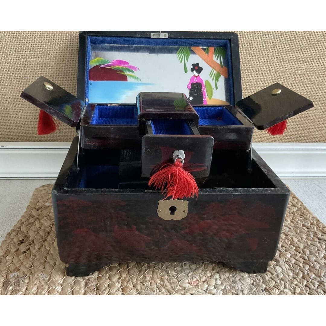 Vintage M . M Japan Wooden Flip Top Jewelry / Music Box Blue Felt Lined Mirror - Thumbnail 3