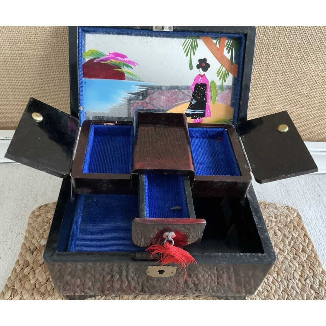 Vintage M . M Japan Wooden Flip Top Jewelry / Music Box Blue Felt Lined Mirror - Thumbnail 4