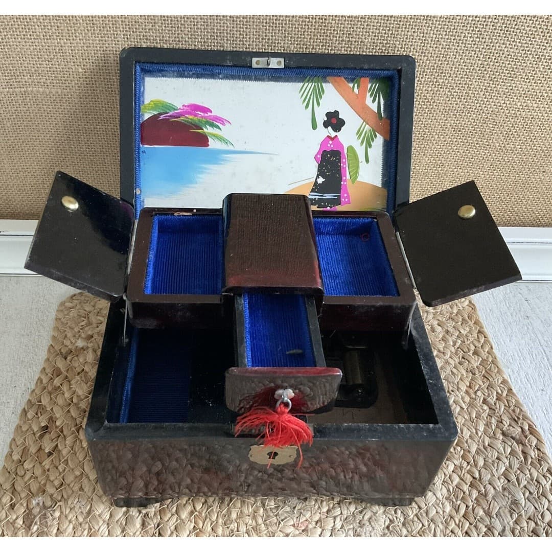 Vintage M . M Japan Wooden Flip Top Jewelry / Music Box Blue Felt Lined Mirror - Thumbnail 2