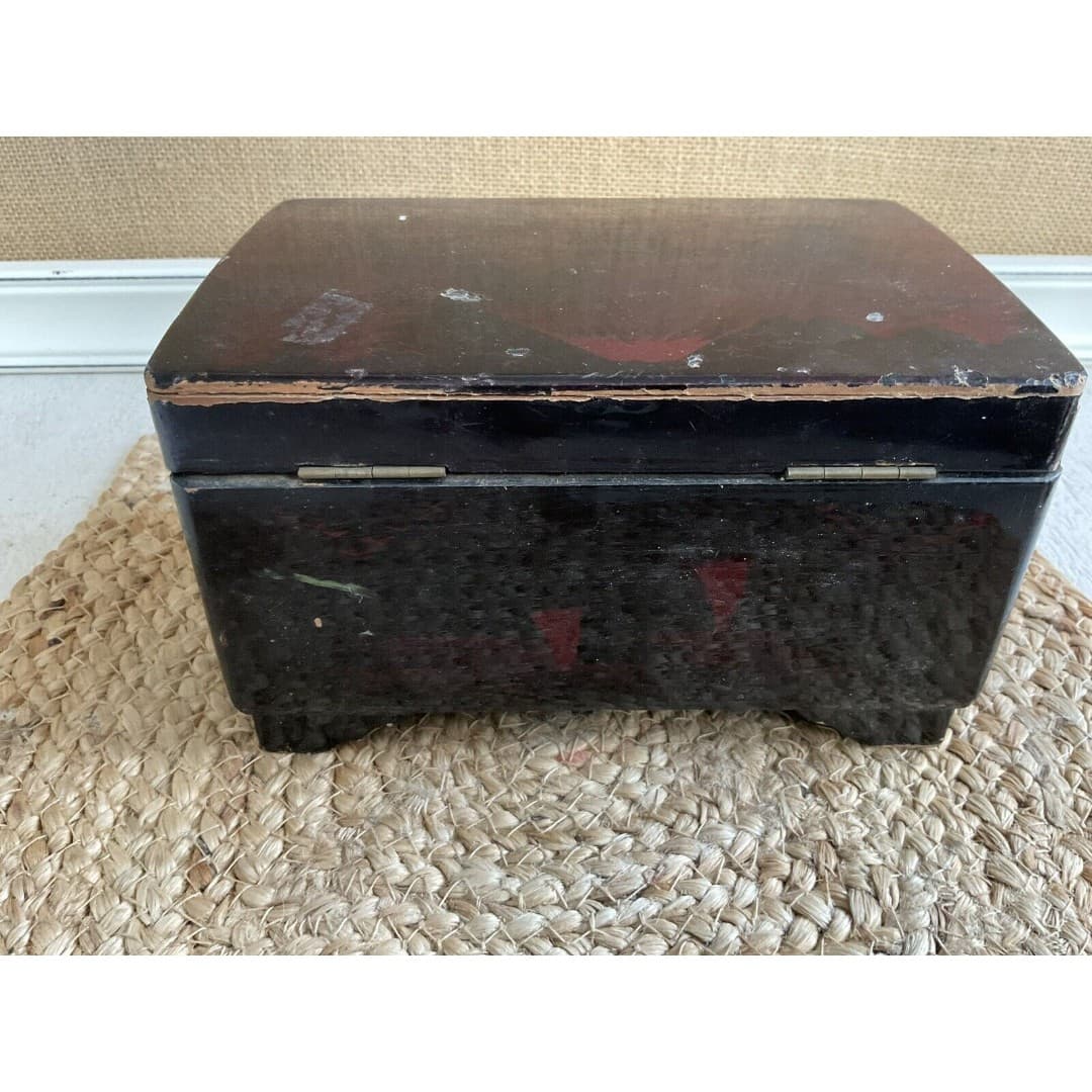 Vintage M . M Japan Wooden Flip Top Jewelry / Music Box Blue Felt Lined Mirror - Thumbnail 8