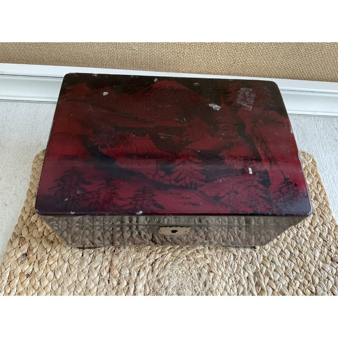 Vintage M . M Japan Wooden Flip Top Jewelry / Music Box Blue Felt Lined Mirror - Thumbnail 5