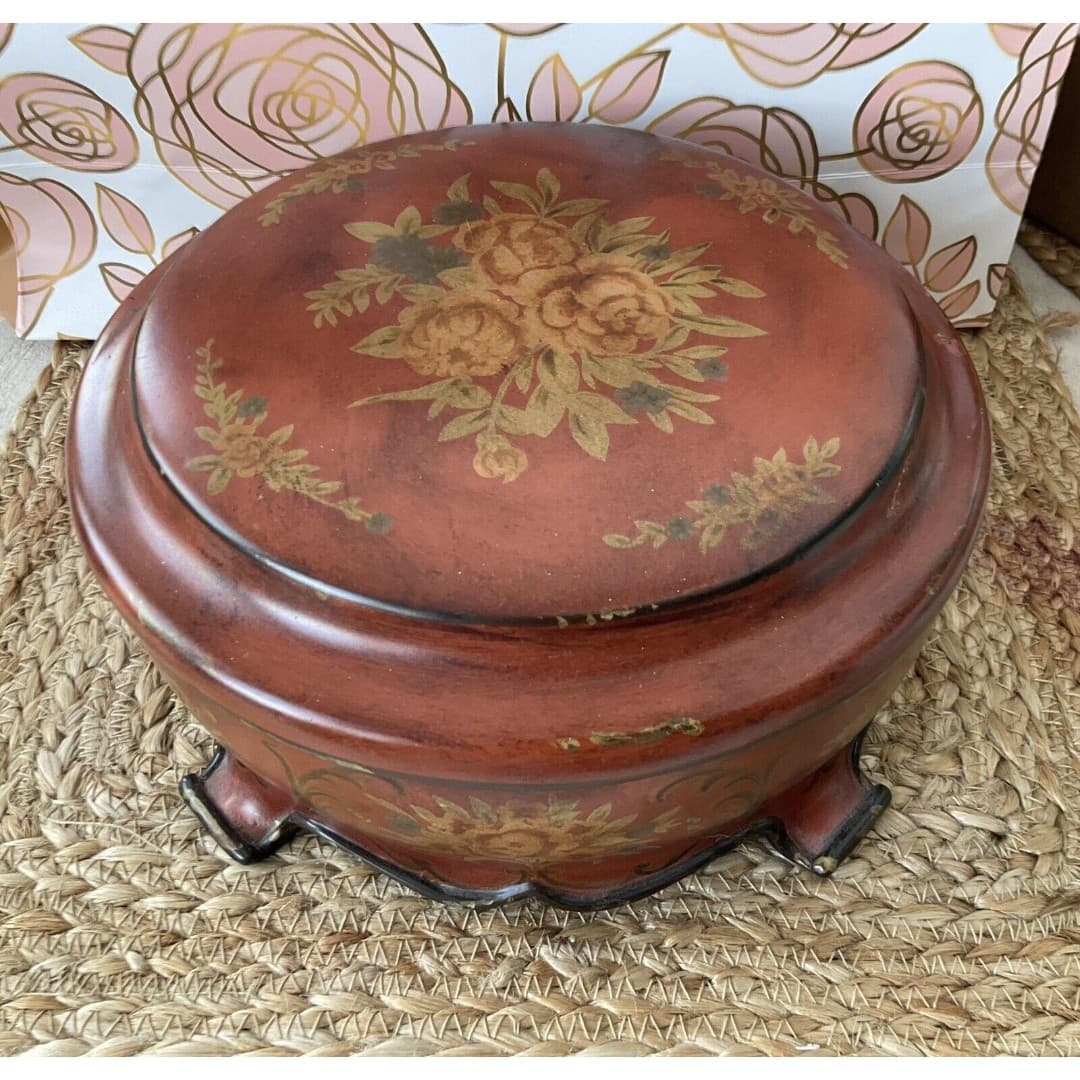 Round Floral Vintage Look Jewelry/Trinket Box By Domain - Thumbnail 2