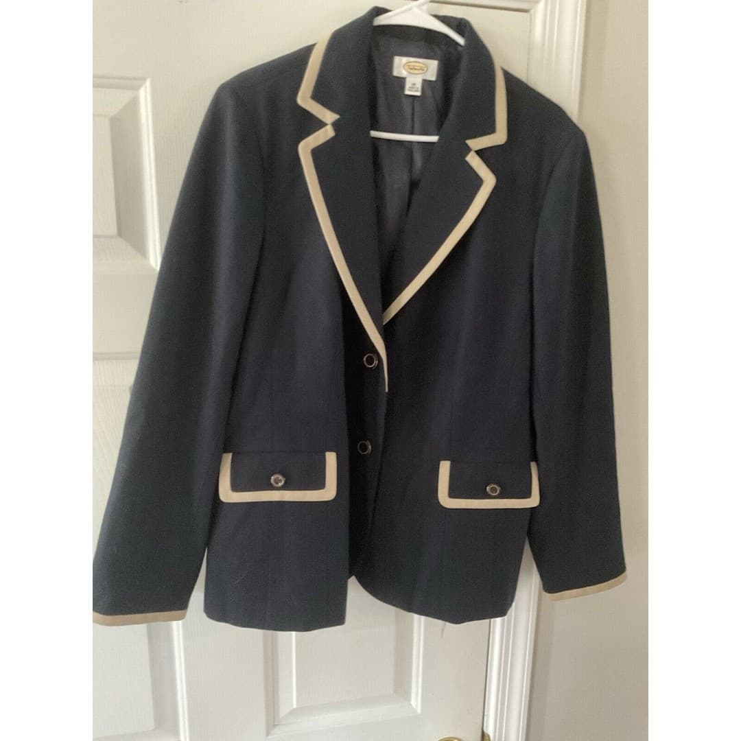Talbots Dress Jacket Blazer Women’s Navy w/Ivory Trim Stretch Cotton Wool 18
