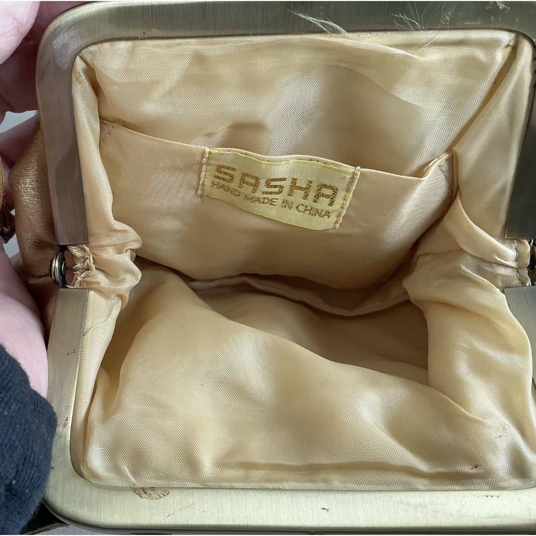 Ladies Sasha Small Handmade Silk Gold Mini Purse W/Decorative Butterfly & Leaves - Thumbnail 4