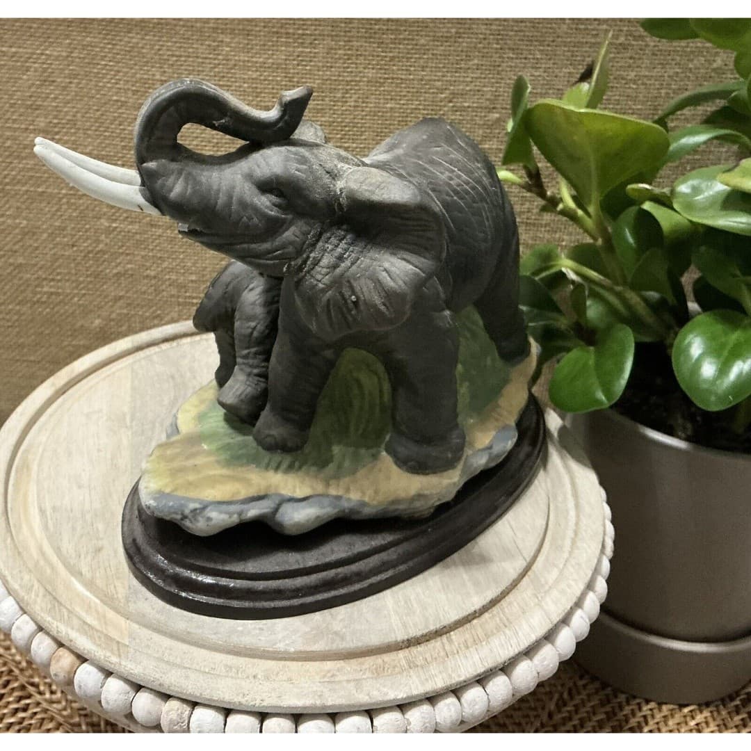Mother & Baby Elephant George Good Fine Adorable Bisque Porcelain Trunks Up - Thumbnail 4
