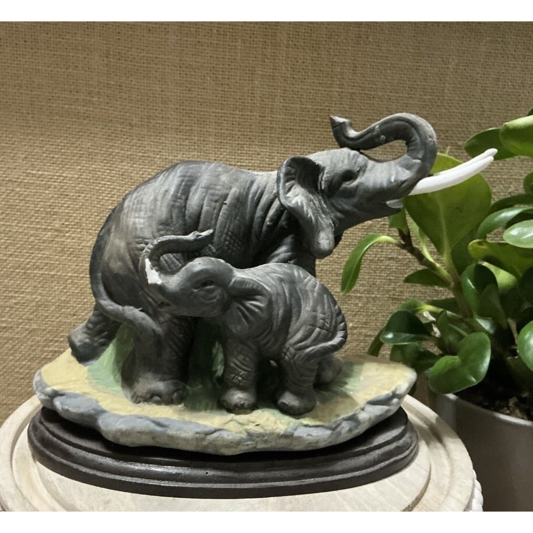 Mother & Baby Elephant George Good Fine Adorable Bisque Porcelain Trunks Up