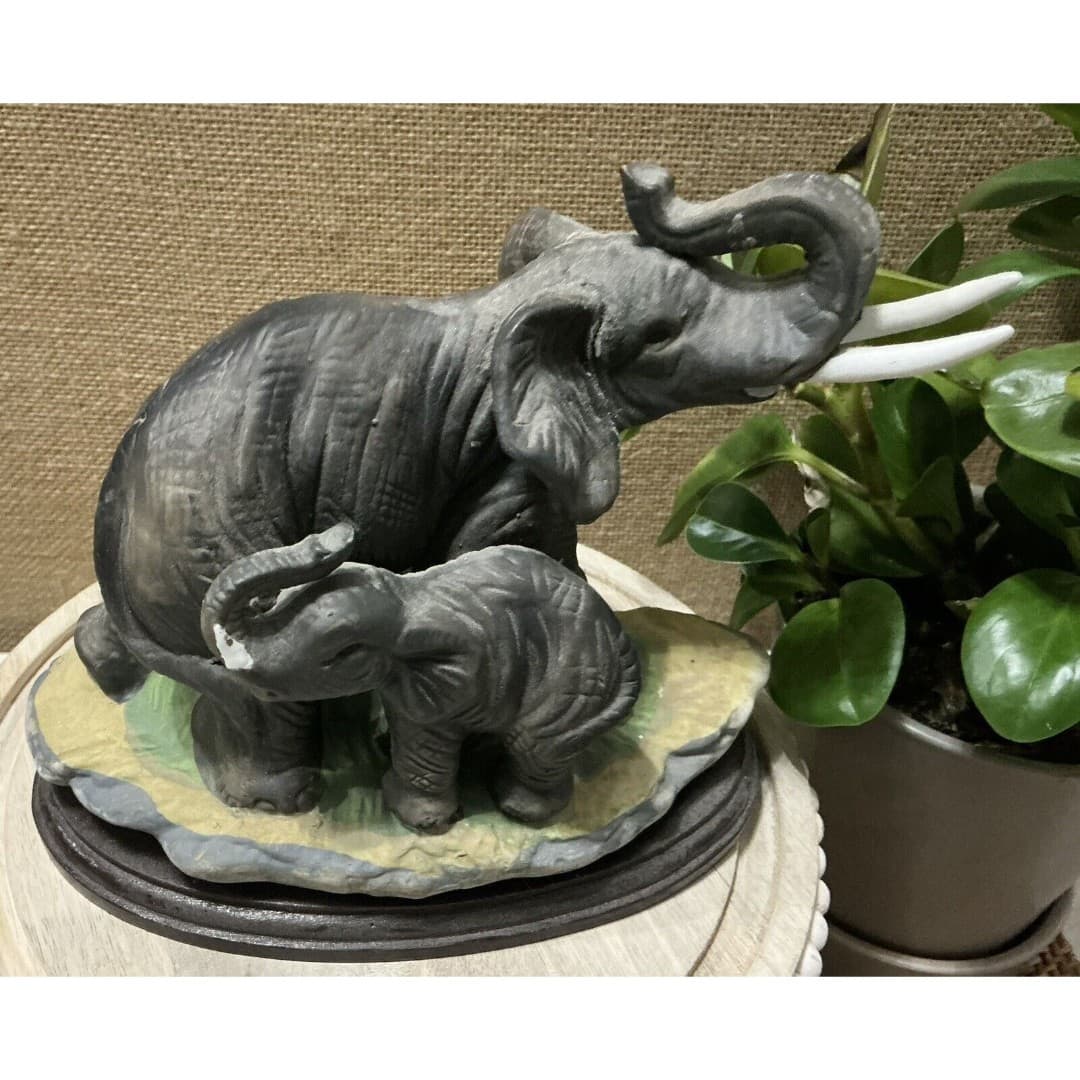 Mother & Baby Elephant George Good Fine Adorable Bisque Porcelain Trunks Up - Thumbnail 2
