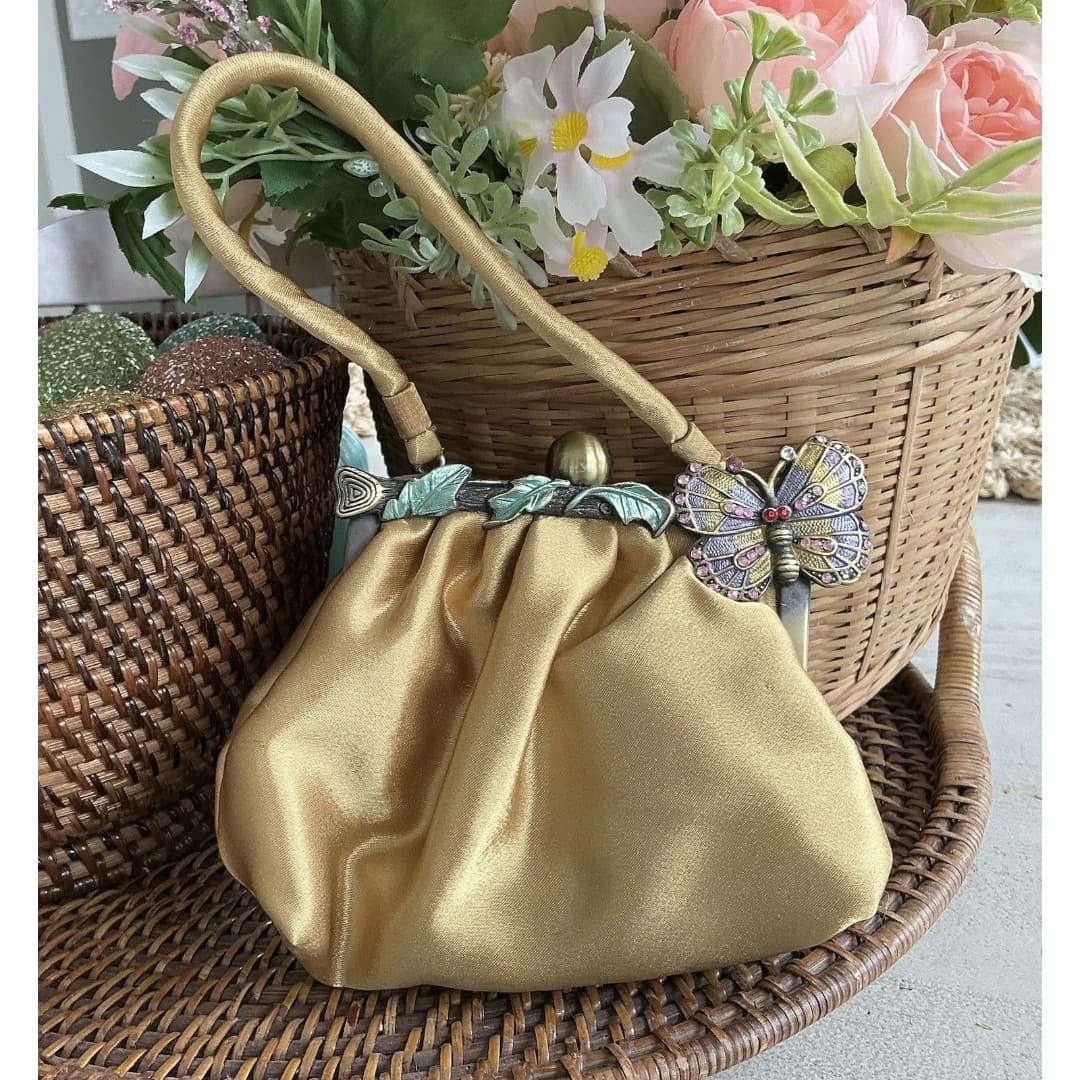 Ladies Sasha Small Handmade Silk Gold Mini Purse W/Decorative Butterfly & Leaves - Thumbnail 5