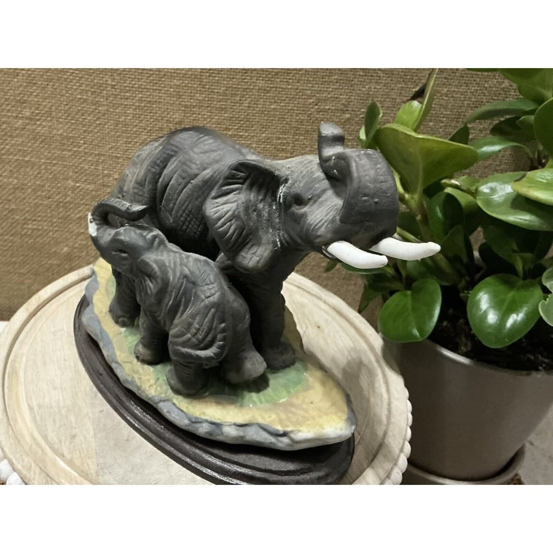 Mother & Baby Elephant George Good Fine Adorable Bisque Porcelain Trunks Up - Thumbnail 3