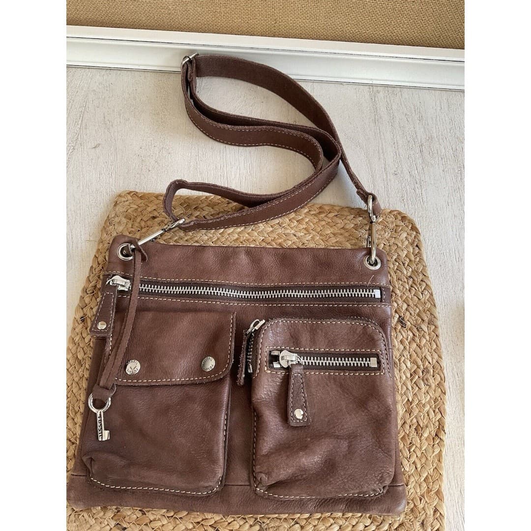 Fossil "Sutter" Brown Genuine Leather Zip Top Shoulder Bag Crossbody Purse
