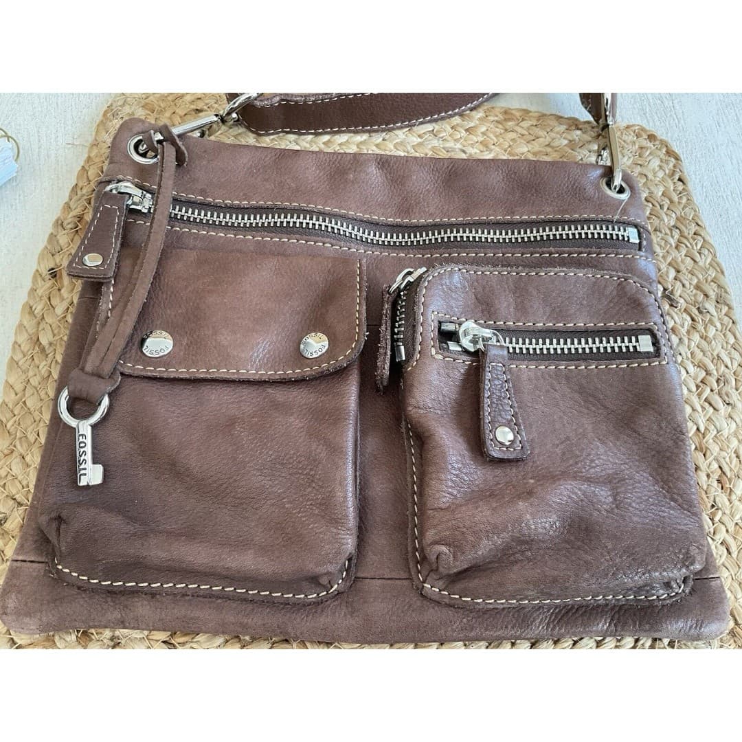 Fossil "Sutter" Brown Genuine Leather Zip Top Shoulder Bag Crossbody Purse - Thumbnail 3